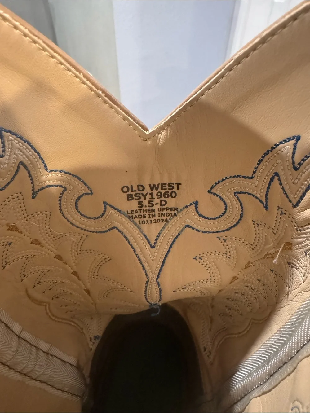 OLD WEST KIDS BURNT TAN AND NAVY BLUE WIDE SQUARE TOE COWBOY BOOTS